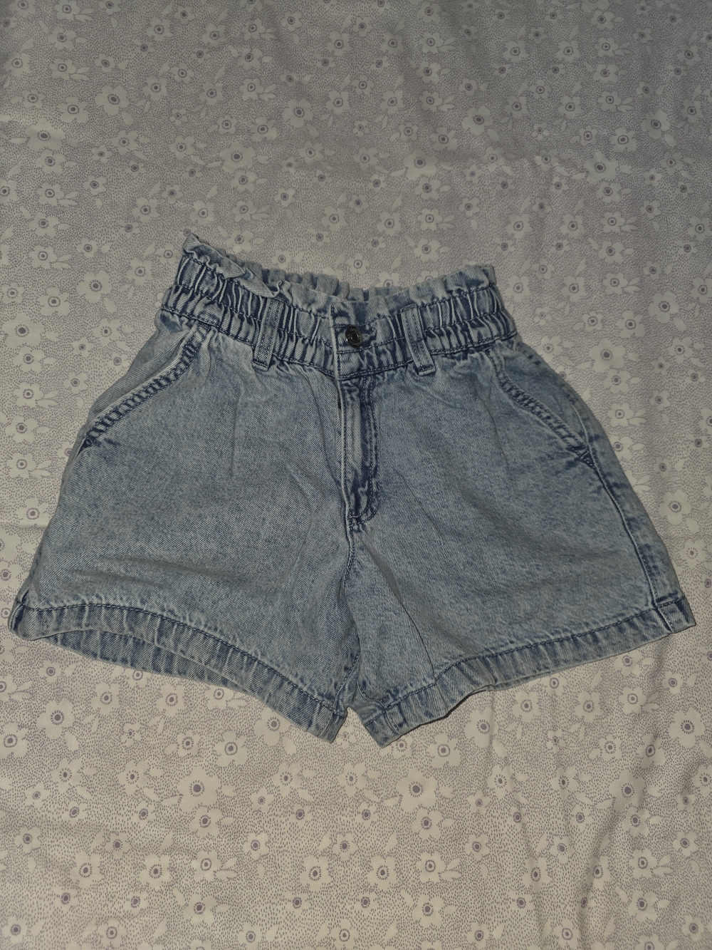 Light Blue High-Waist Paperbag Denim Shorts